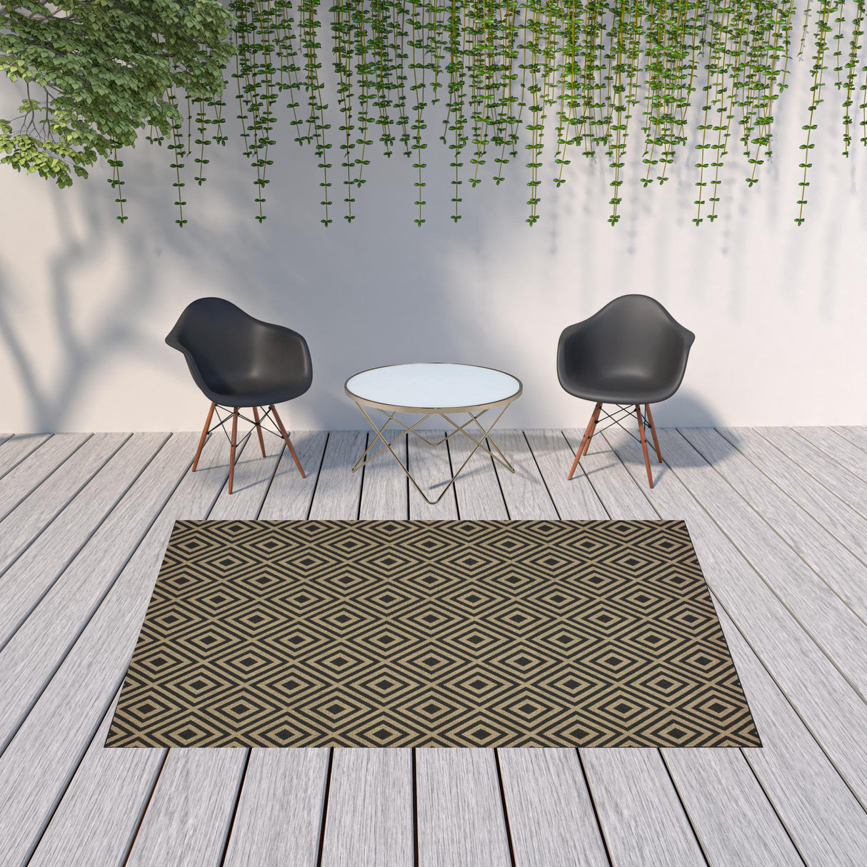 7' X 10' Black and Tan Geometric Stain Resistant Indoor Outdoor Area Rug