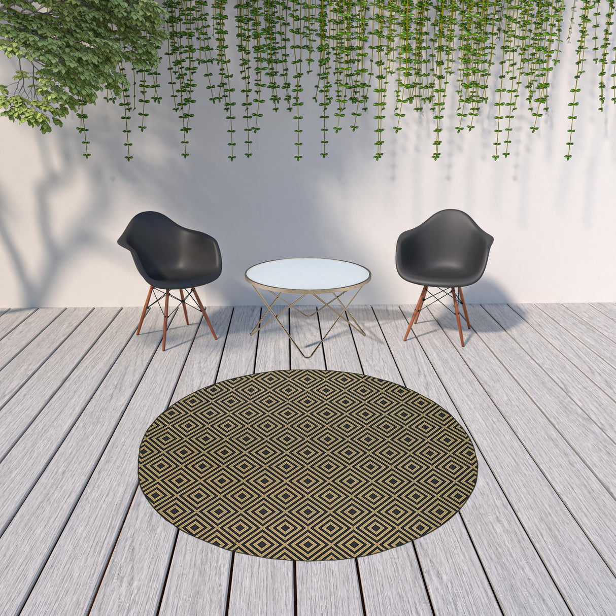 8' X 8' Black and Tan Round Geometric Stain Resistant Indoor Outdoor Area Rug