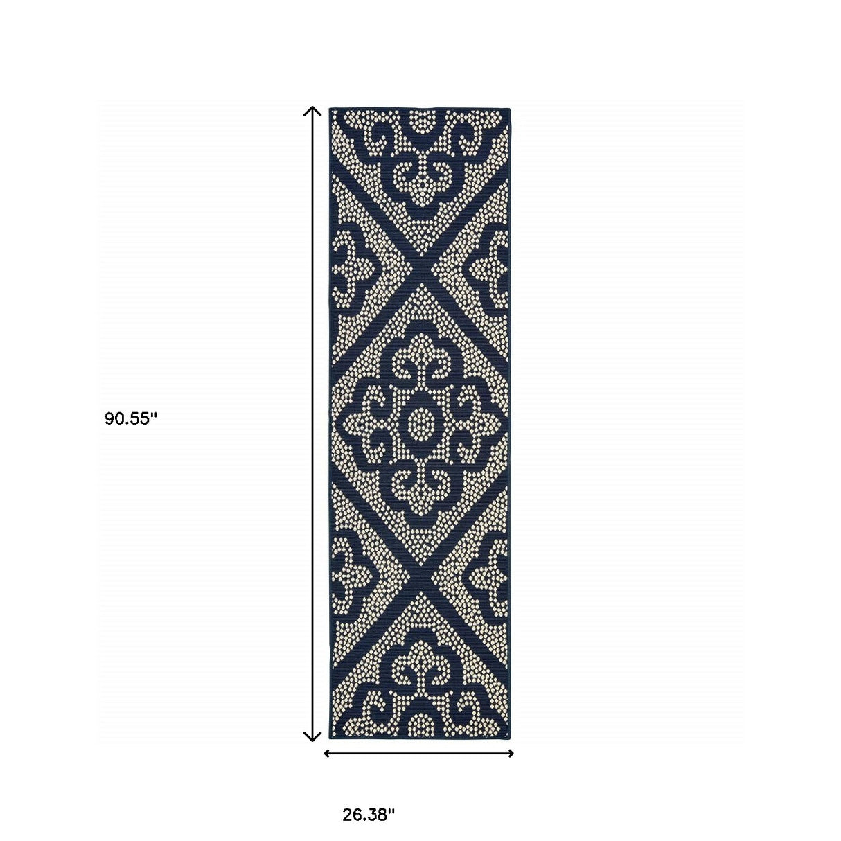 2' X 8' Blue and Ivory Geometric Stain Resistant Indoor Outdoor Area Rug