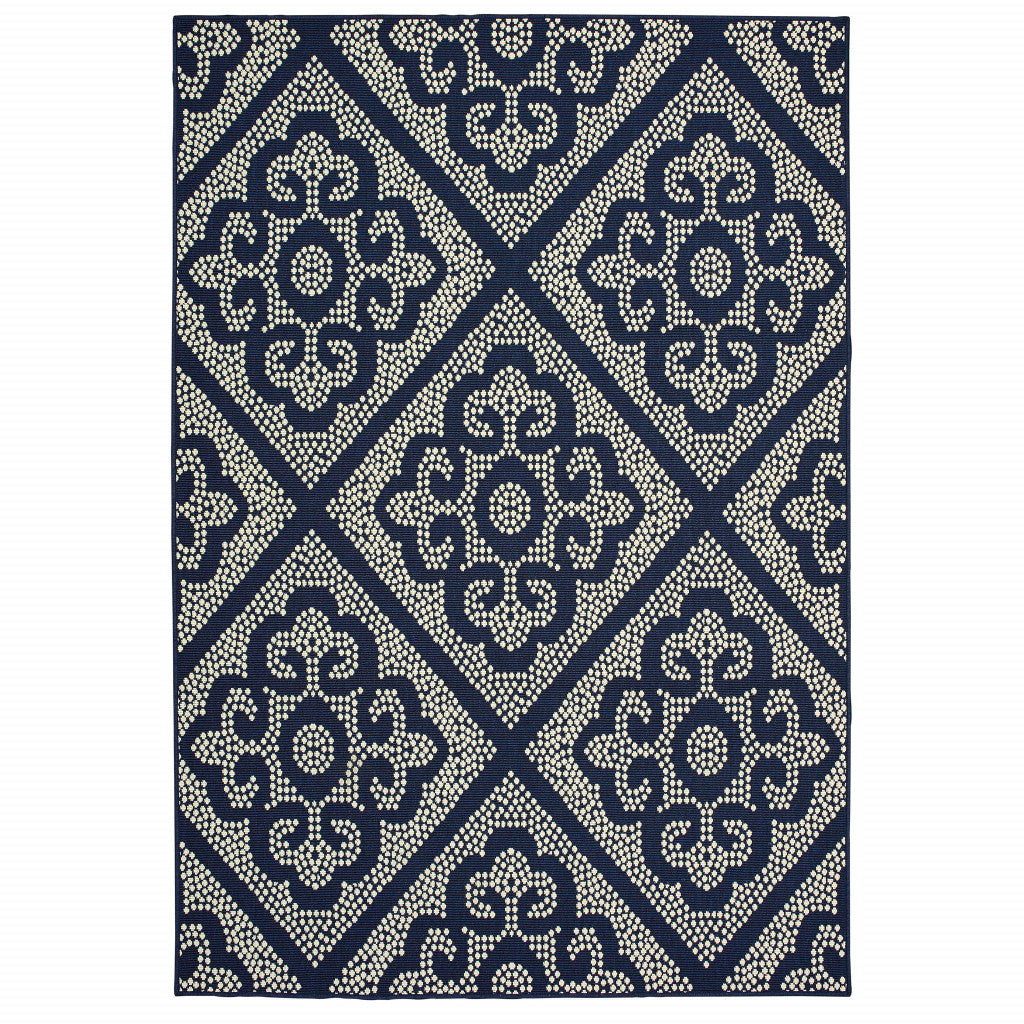 4' X 6' Blue and Ivory Geometric Stain Resistant Indoor Outdoor Area Rug