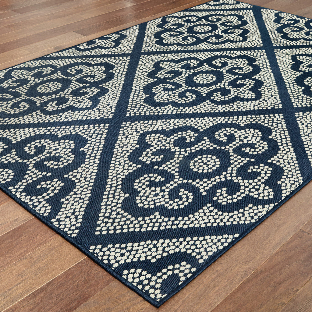 8' X 11' Blue and Ivory Geometric Stain Resistant Indoor Outdoor Area Rug