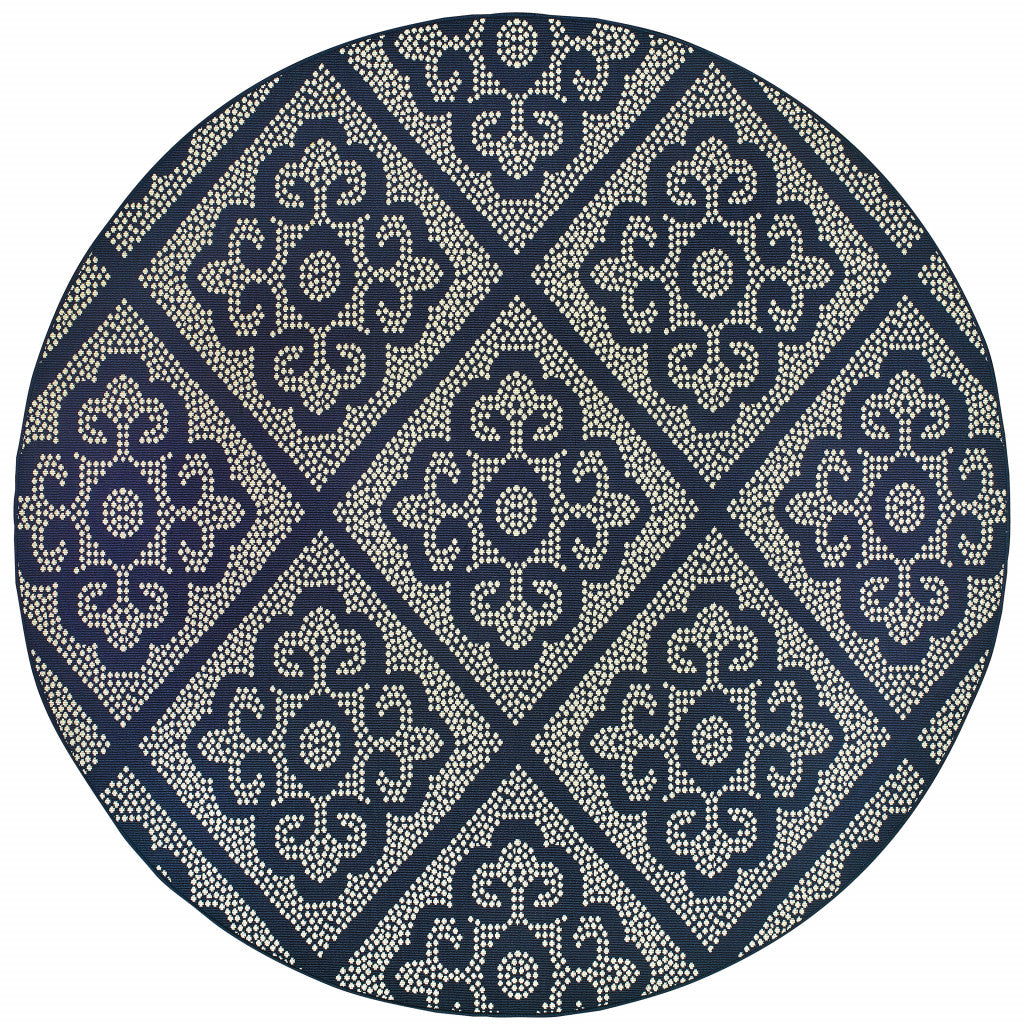 8' X 8' Blue and Ivory Round Geometric Stain Resistant Indoor Outdoor Area Rug