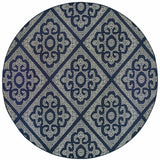 8' X 8' Blue and Ivory Round Geometric Stain Resistant Indoor Outdoor Area Rug