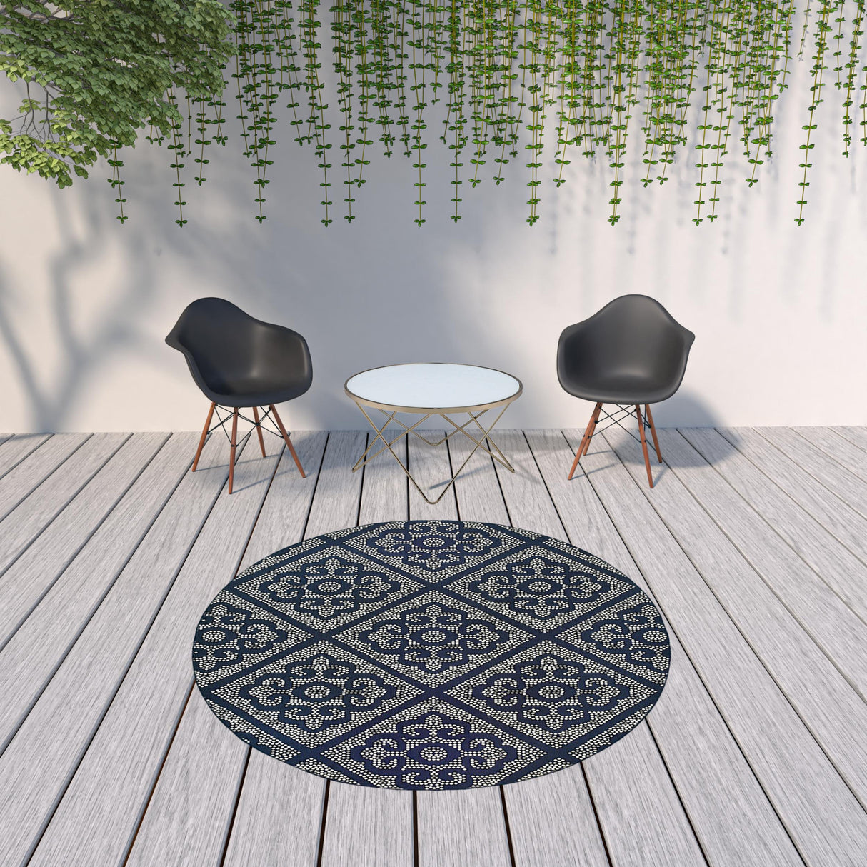 8' X 8' Blue and Ivory Round Geometric Stain Resistant Indoor Outdoor Area Rug