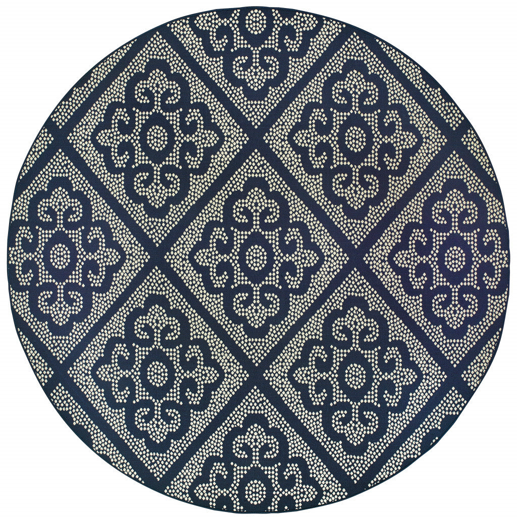 8' X 8' Blue and Ivory Round Geometric Stain Resistant Indoor Outdoor Area Rug