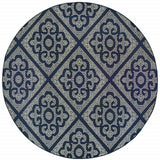 8' X 8' Blue and Ivory Round Geometric Stain Resistant Indoor Outdoor Area Rug