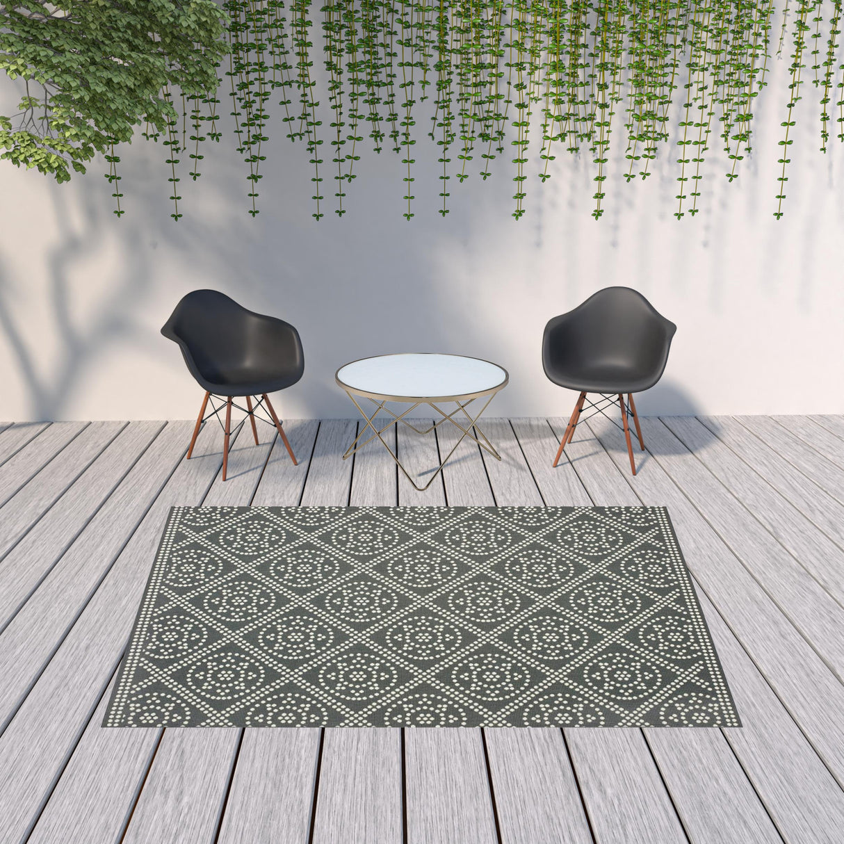 7' X 10' Gray and Ivory Geometric Stain Resistant Indoor Outdoor Area Rug