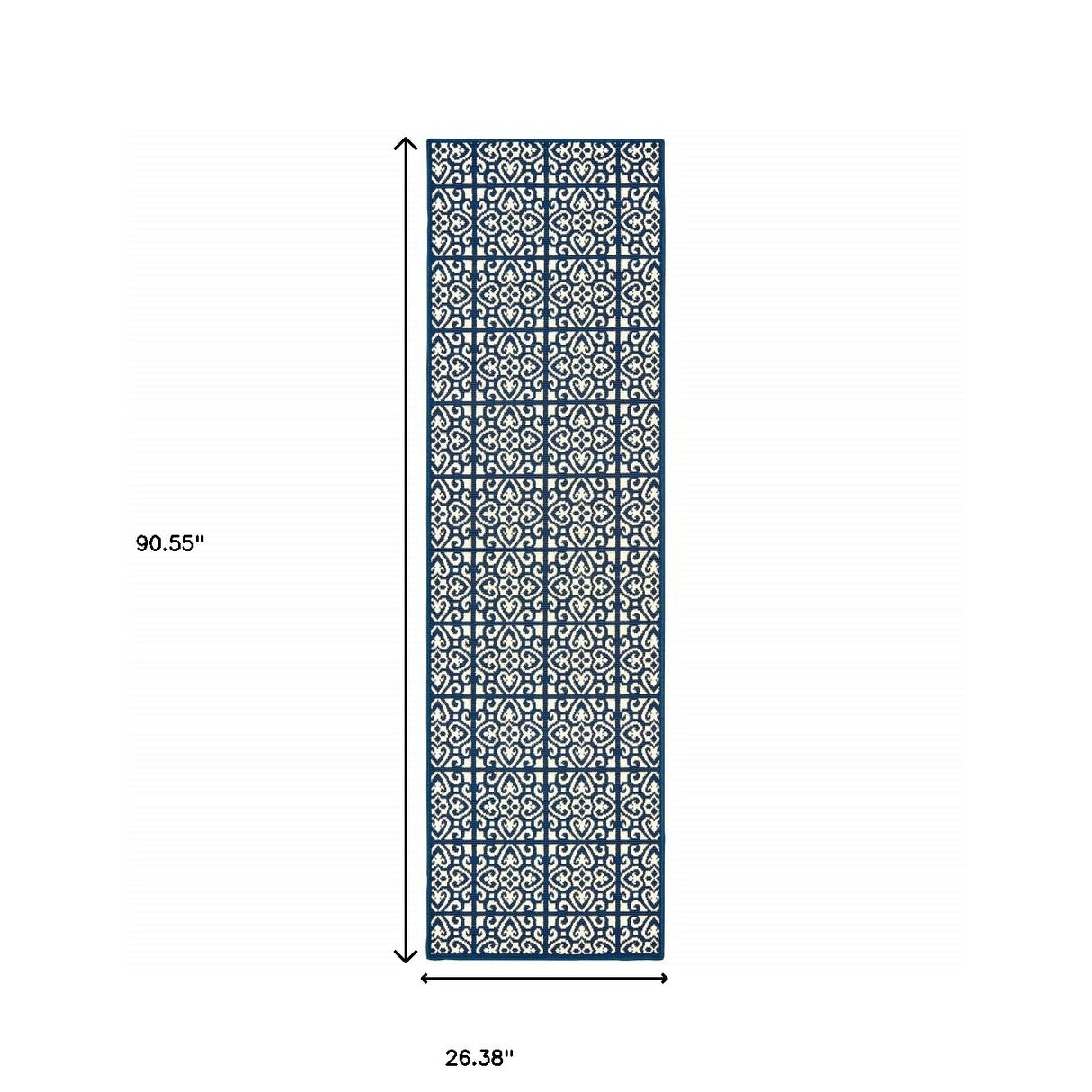 2' X 8' Ivory and Blue Geometric Stain Resistant Indoor Outdoor Area Rug