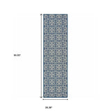 2' X 8' Ivory and Blue Geometric Stain Resistant Indoor Outdoor Area Rug