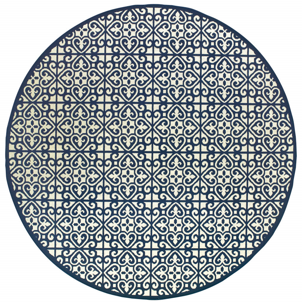 8' X 8' Ivory and Blue Round Geometric Stain Resistant Indoor Outdoor Area Rug