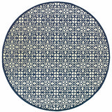 8' X 8' Ivory and Blue Round Geometric Stain Resistant Indoor Outdoor Area Rug