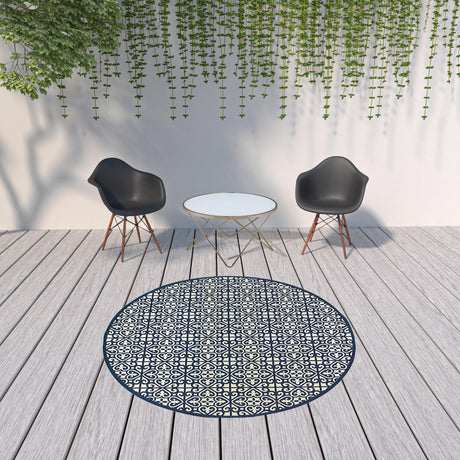 8' X 8' Ivory and Blue Round Geometric Stain Resistant Indoor Outdoor Area Rug