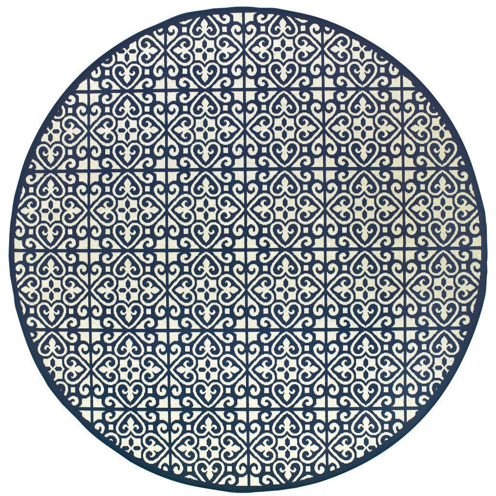 8' X 8' Ivory and Blue Round Geometric Stain Resistant Indoor Outdoor Area Rug