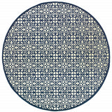 8' X 8' Ivory and Blue Round Geometric Stain Resistant Indoor Outdoor Area Rug