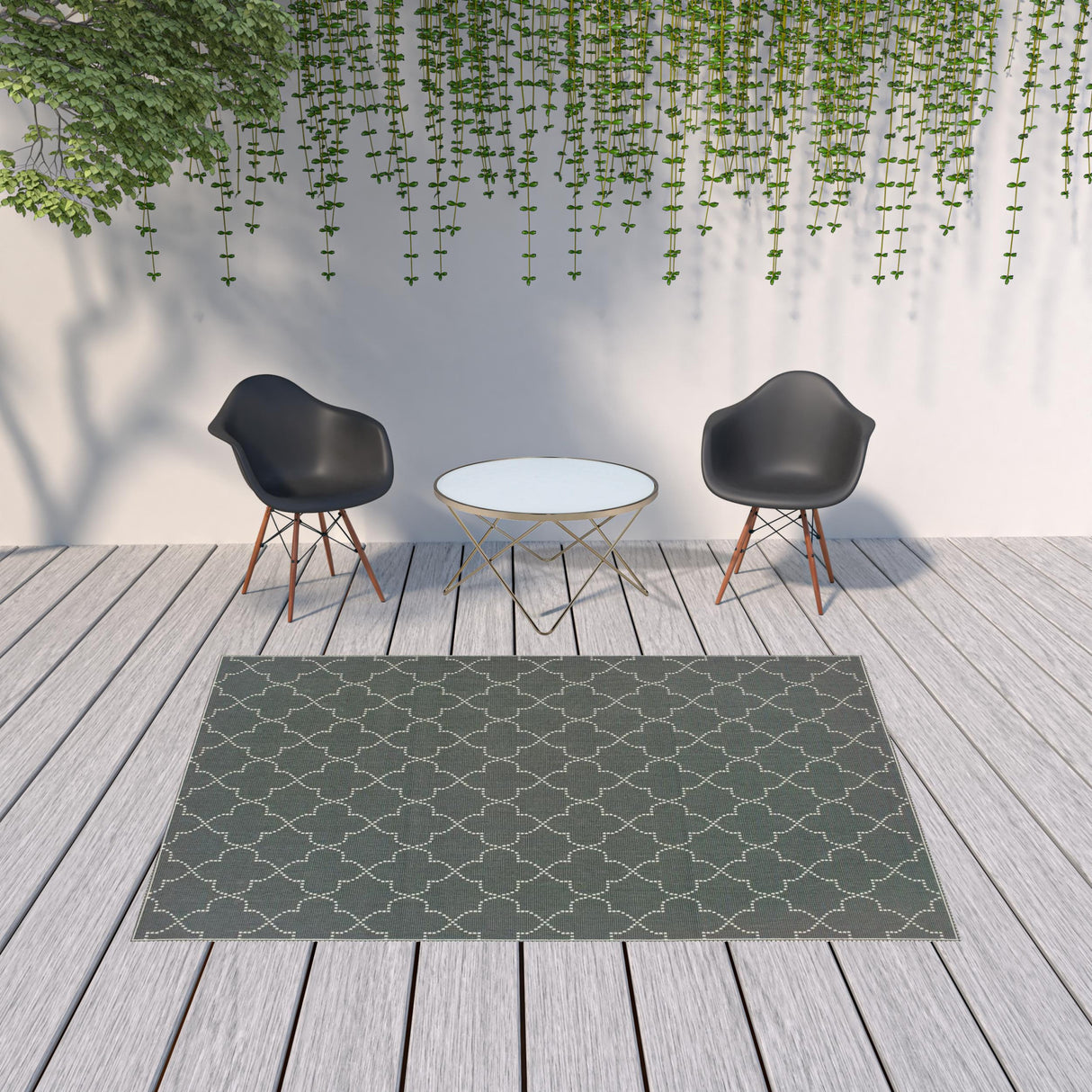 7' X 10' Gray and Ivory Geometric Stain Resistant Indoor Outdoor Area Rug