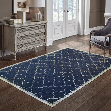 2' X 4' Blue and Ivory Geometric Stain Resistant Indoor Outdoor Area Rug