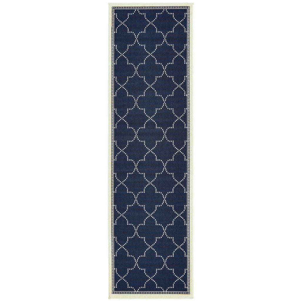 2' X 8' Blue and Ivory Geometric Stain Resistant Indoor Outdoor Area Rug