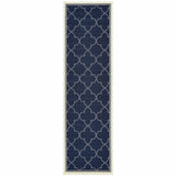 2' X 8' Blue and Ivory Geometric Stain Resistant Indoor Outdoor Area Rug