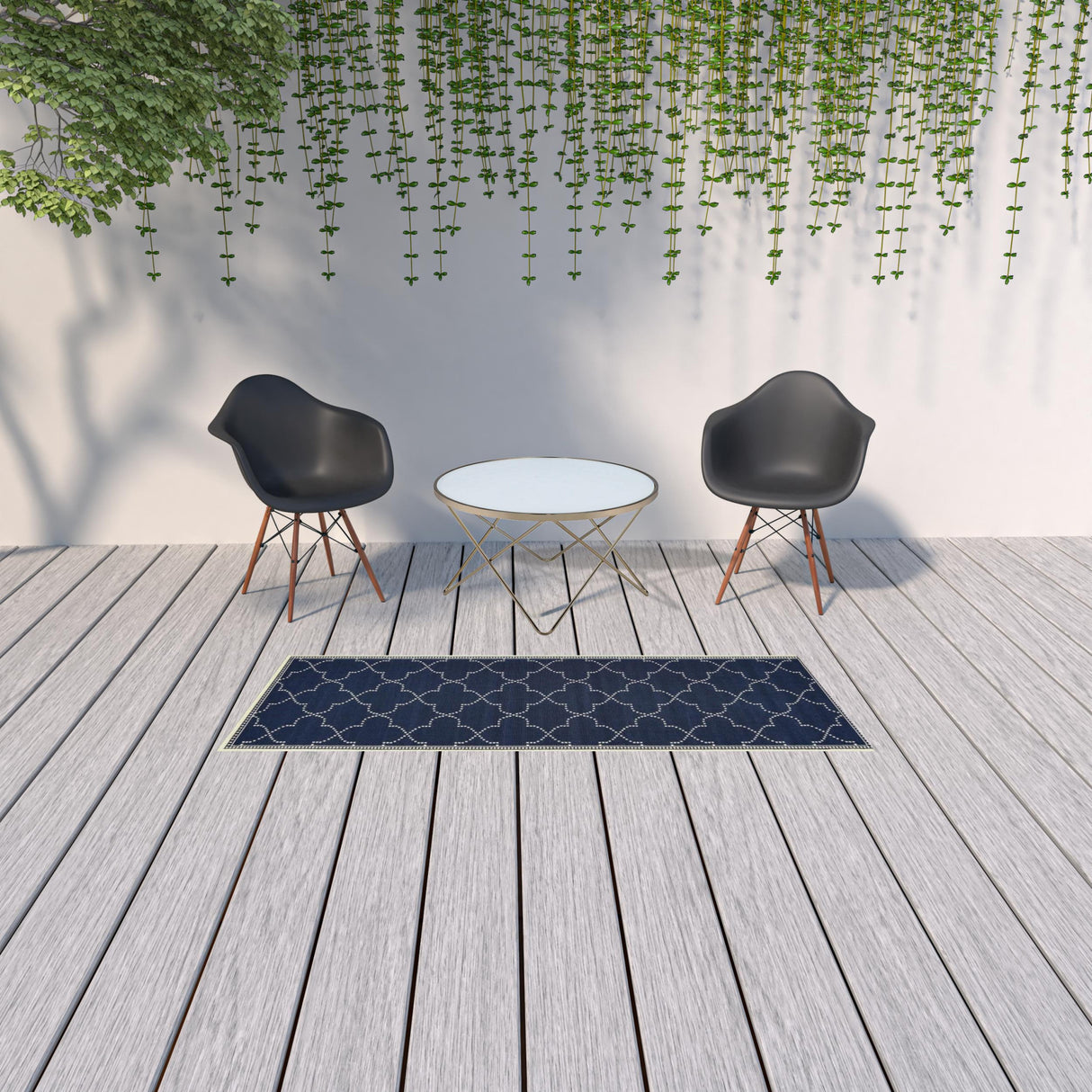 2' X 8' Blue and Ivory Geometric Stain Resistant Indoor Outdoor Area Rug