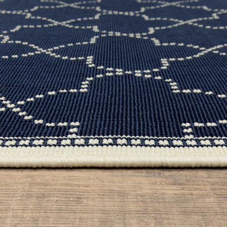 2' X 8' Blue and Ivory Geometric Stain Resistant Indoor Outdoor Area Rug