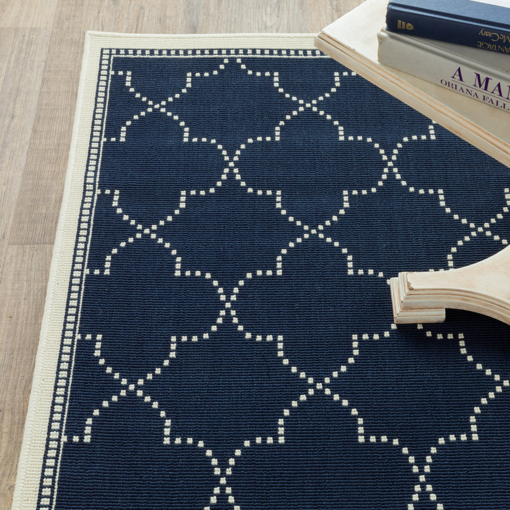 2' X 8' Blue and Ivory Geometric Stain Resistant Indoor Outdoor Area Rug