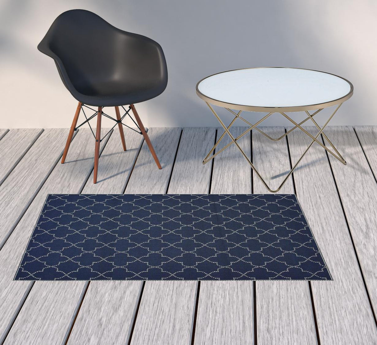 2' X 4' Blue and Ivory Geometric Stain Resistant Indoor Outdoor Area Rug