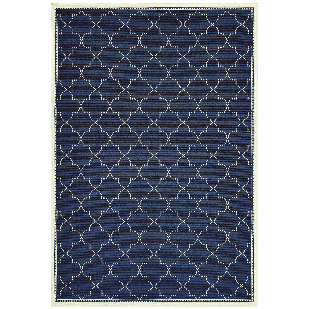 8' X 11' Blue and Ivory Geometric Stain Resistant Indoor Outdoor Area Rug