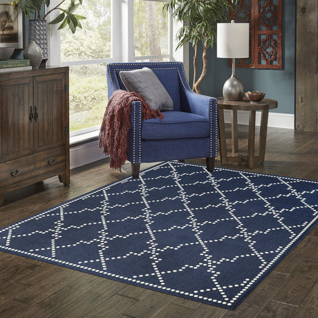 2' X 4' Blue and Ivory Geometric Stain Resistant Indoor Outdoor Area Rug