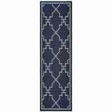 2' X 8' Blue and Ivory Geometric Stain Resistant Indoor Outdoor Area Rug