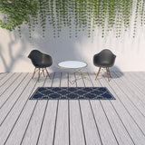 2' X 8' Blue and Ivory Geometric Stain Resistant Indoor Outdoor Area Rug