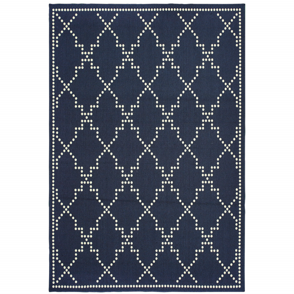 5' X 8' Blue and Ivory Geometric Stain Resistant Indoor Outdoor Area Rug