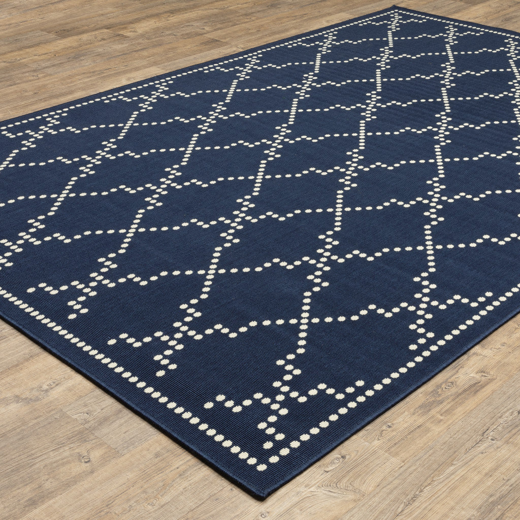 9' X 13' Blue and Ivory Geometric Stain Resistant Indoor Outdoor Area Rug