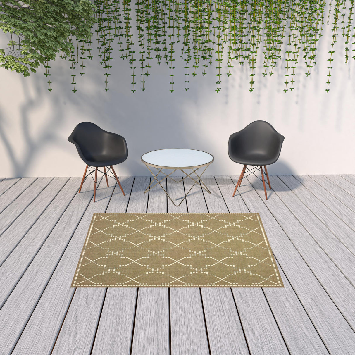 5' X 8' Tan Geometric Stain Resistant Indoor Outdoor Area Rug