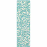 2' X 8' Blue and Ivory Floral Stain Resistant Indoor Outdoor Area Rug