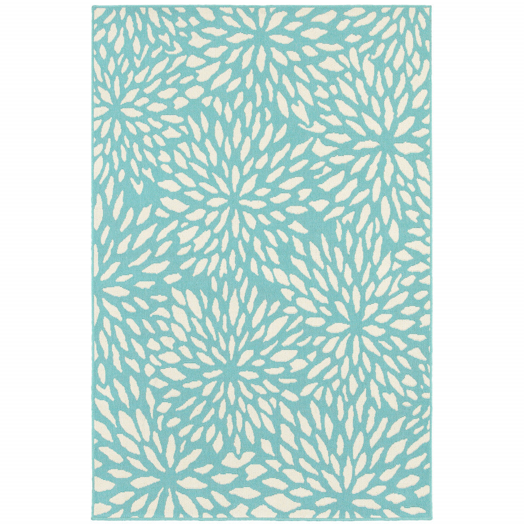 4' X 6' Blue and Ivory Floral Stain Resistant Indoor Outdoor Area Rug