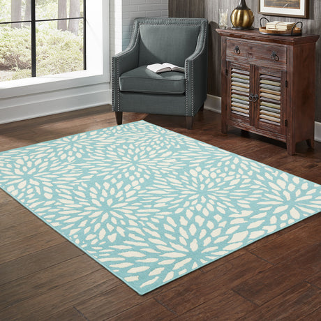 9' X 13' Blue and Ivory Floral Stain Resistant Indoor Outdoor Area Rug