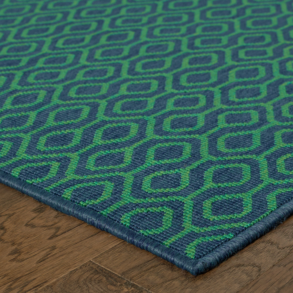 2' X 8' Blue and Green Geometric Stain Resistant Indoor Outdoor Area Rug