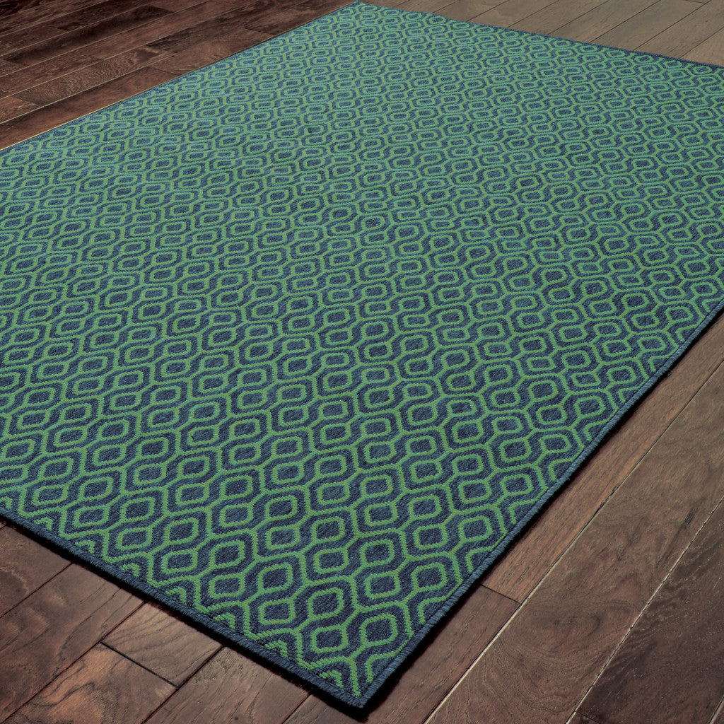 7' X 10' Blue and Green Geometric Stain Resistant Indoor Outdoor Area Rug