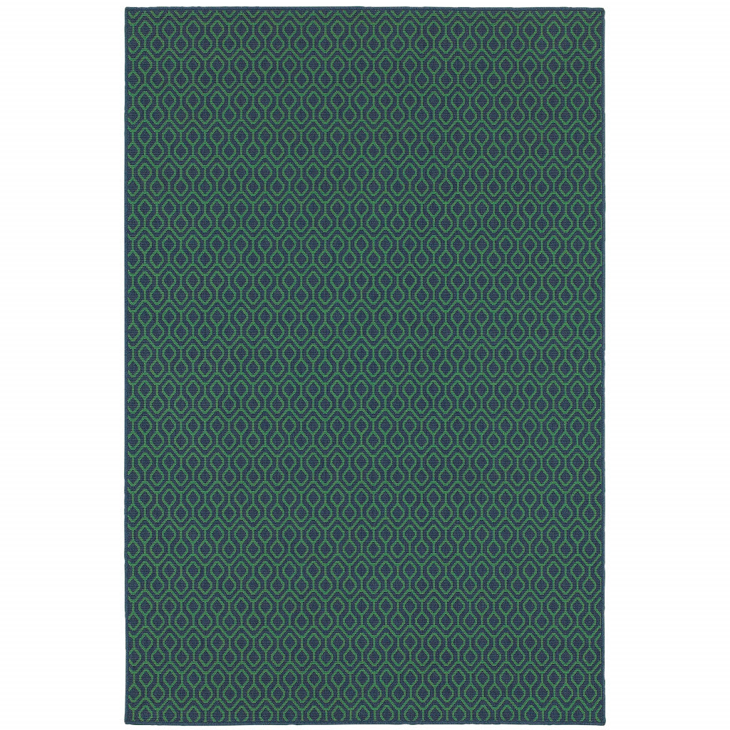 9' X 13' Blue and Green Geometric Stain Resistant Indoor Outdoor Area Rug