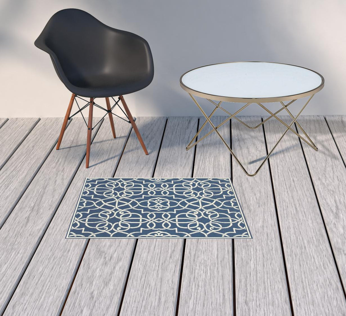 2' X 3' Blue and Ivory Geometric Stain Resistant Indoor Outdoor Area Rug