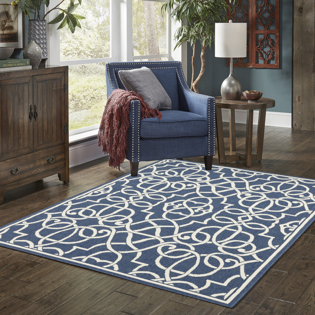 2' X 3' Blue and Ivory Geometric Stain Resistant Indoor Outdoor Area Rug