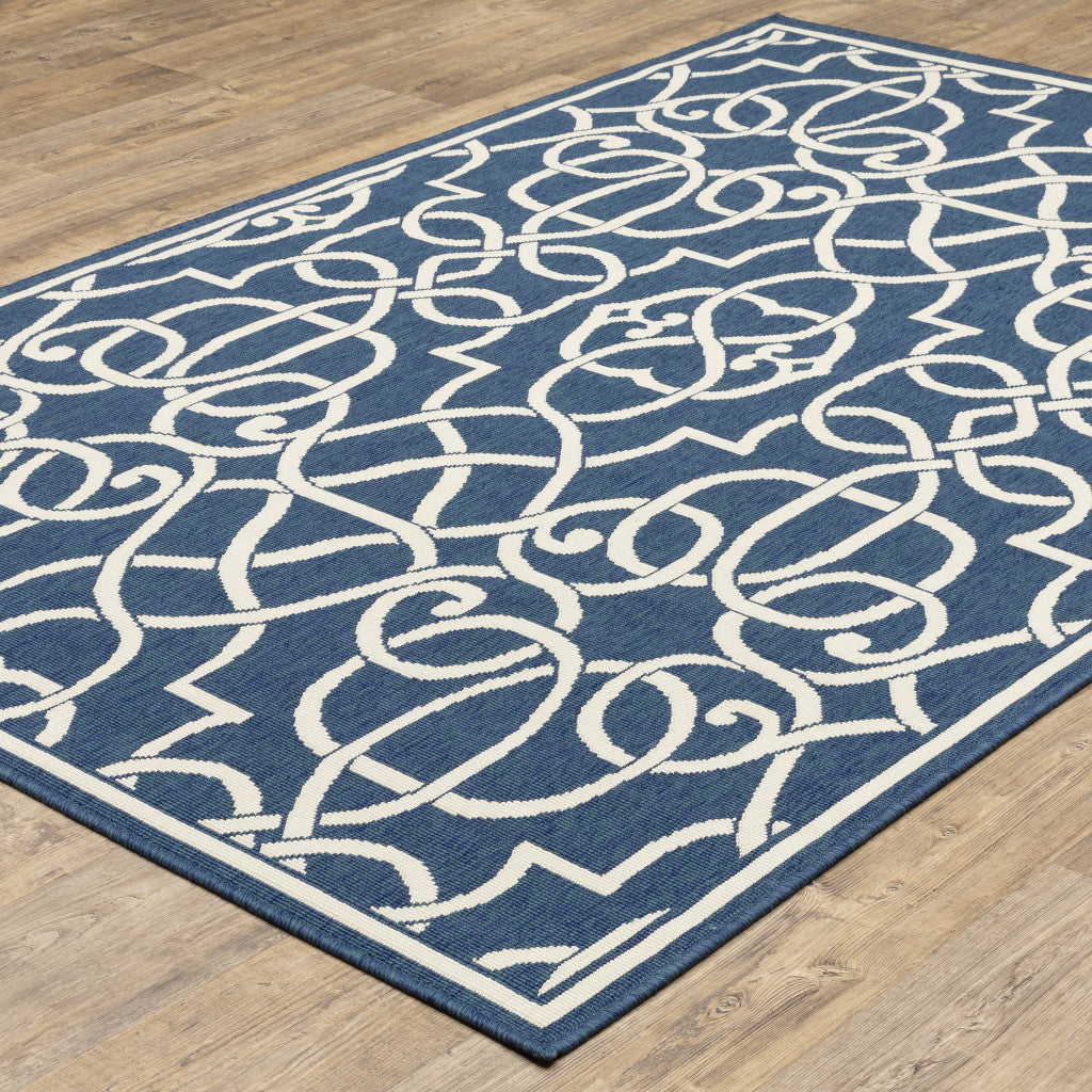 2' X 3' Blue and Ivory Geometric Stain Resistant Indoor Outdoor Area Rug