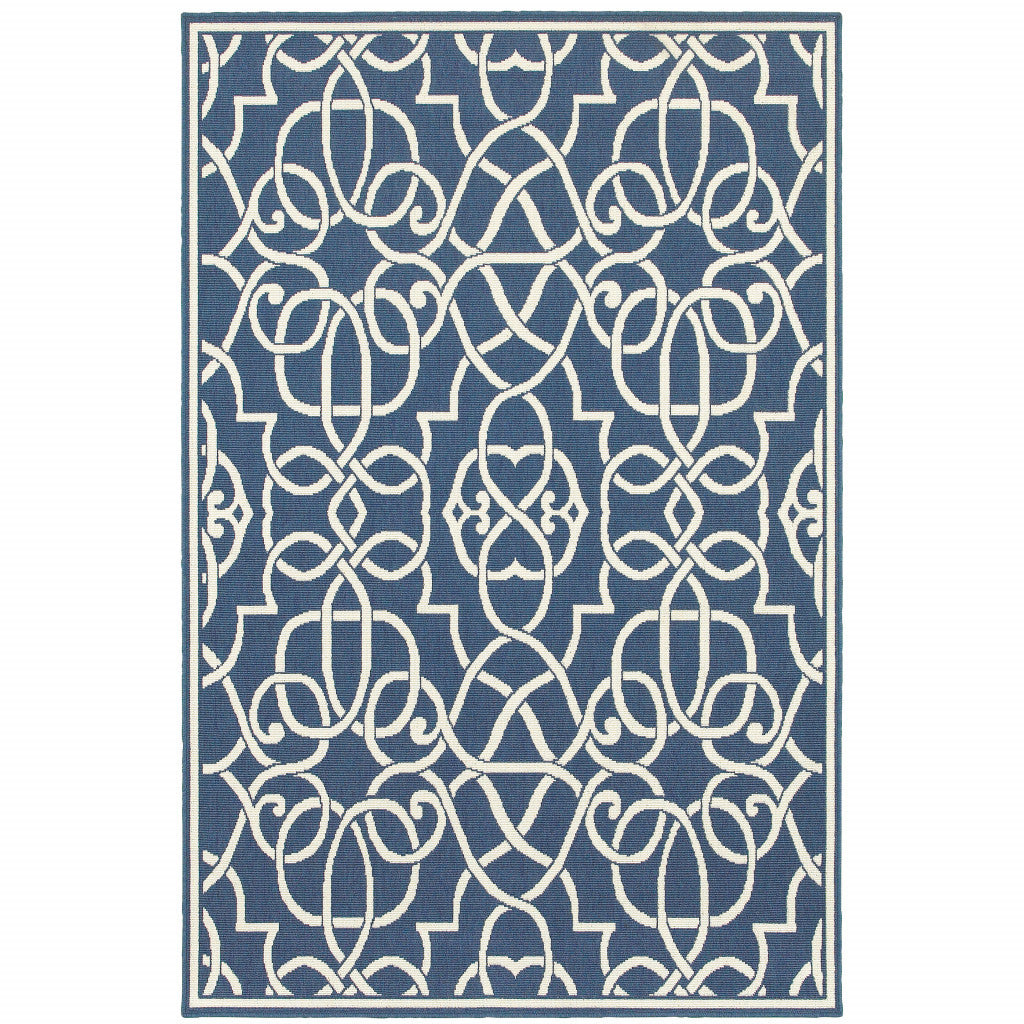 5' X 8' Blue and Ivory Geometric Stain Resistant Indoor Outdoor Area Rug