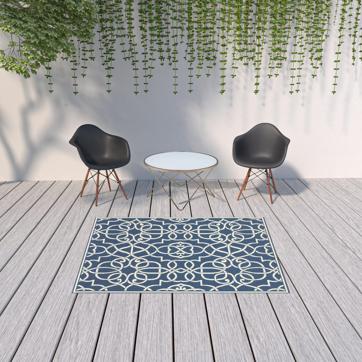 5' X 8' Blue and Ivory Geometric Stain Resistant Indoor Outdoor Area Rug