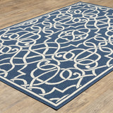 5' X 8' Blue and Ivory Geometric Stain Resistant Indoor Outdoor Area Rug