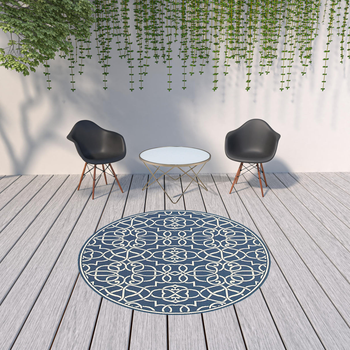 8' X 8' Blue and Ivory Round Geometric Stain Resistant Indoor Outdoor Area Rug