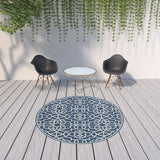 8' X 8' Blue and Ivory Round Geometric Stain Resistant Indoor Outdoor Area Rug