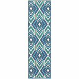 2' X 8' Blue and Ivory Geometric Stain Resistant Indoor Outdoor Area Rug