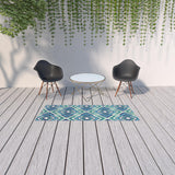 2' X 8' Blue and Ivory Geometric Stain Resistant Indoor Outdoor Area Rug