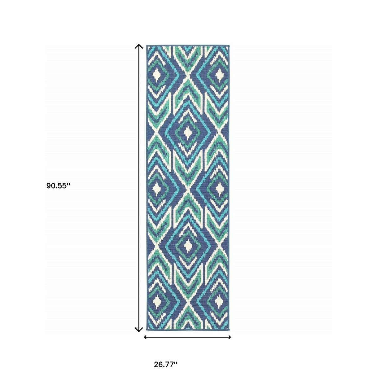 2' X 8' Blue and Ivory Geometric Stain Resistant Indoor Outdoor Area Rug